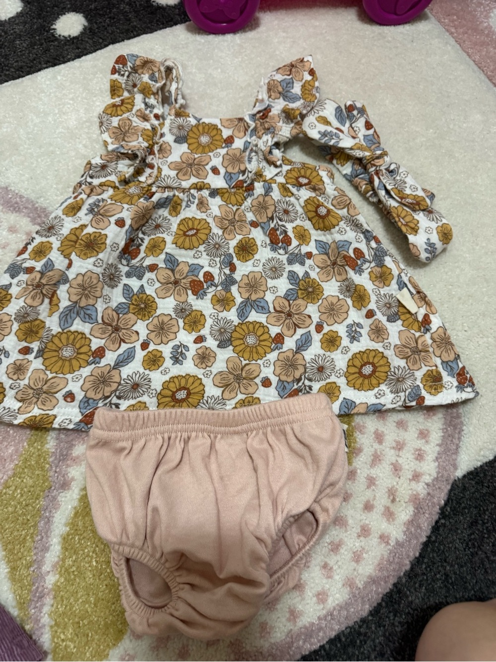 5 Carter's/ Rabbit Bear Floral & Ribbed Ruffle Dress Set - Pink, Brown, Rust - Picture 5 of 10